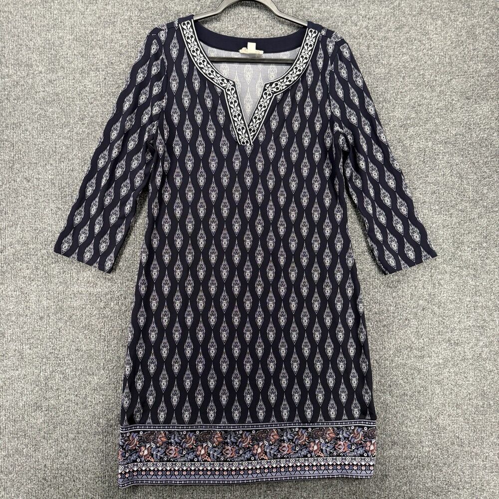 Magnolia Grace Dress Womens M Blue Print V-Neck Shift Boho Casual‎ Chic Vacation